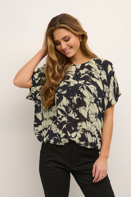 Blouse met korte mouwen Relaxed fit Sand/Black Flower floral - Image 4