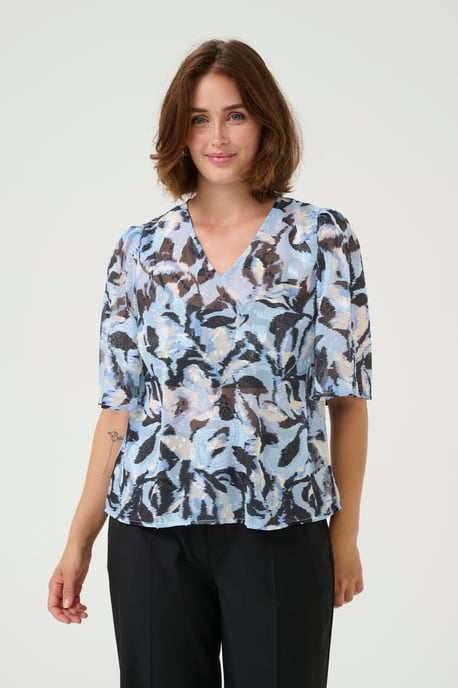 Blouse met korte mouwen A-shape Blue Flower Print floral - Image 3