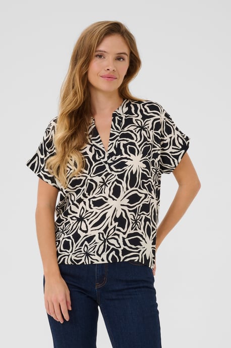 Blouse met korte mouwen Regular fit Black / Light Beige Flower - Image 3