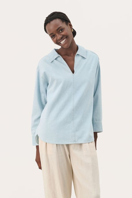 Overhemd met lang mouwen Oversize fit Whiteish Blue denim - Image 2
