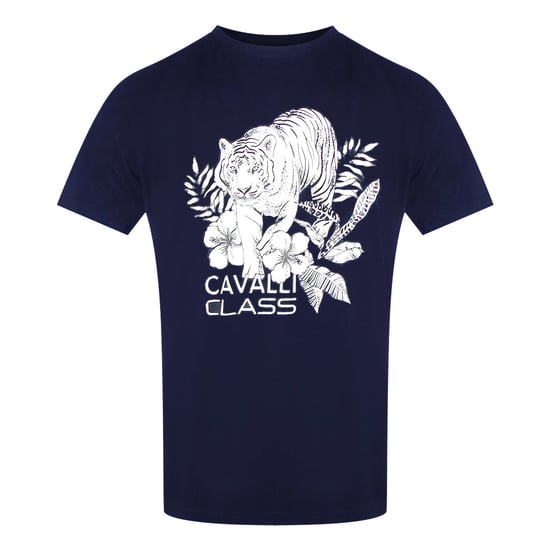 Cavalli Class Tiger Floral Logo Marineblauw T-shirt - Image 1