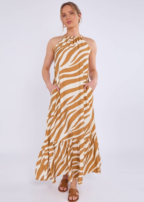 Bruine zebraprint Halterhals Maxi Dress - Image 1