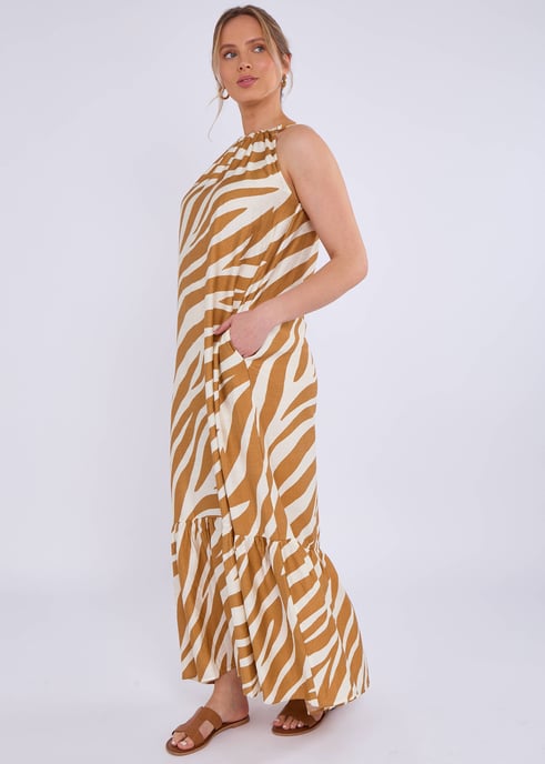 Bruine zebraprint Halterhals Maxi Dress - Image 3