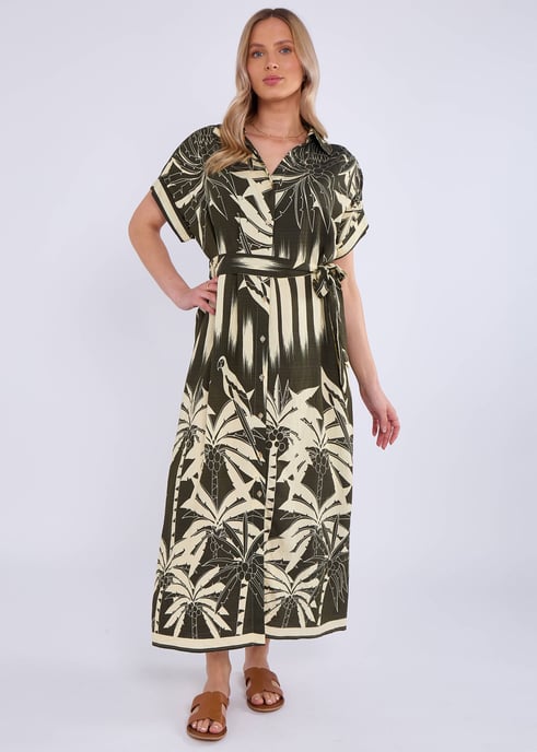 Khaki Tropical Print Midi Overhemdjurk - Image 1