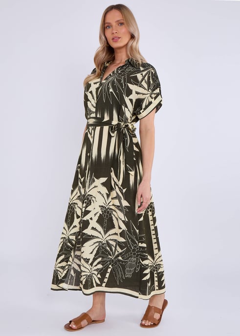 Khaki Tropical Print Midi Overhemdjurk - Image 3