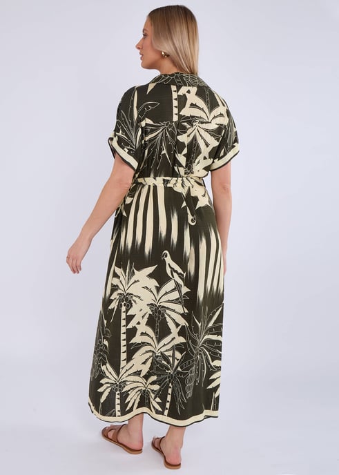 Khaki Tropical Print Midi Overhemdjurk - Image 4
