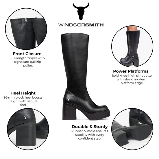 Windsorsmith Dames Zwarte Kunstleren Kniehoge Platform Hak Laarzen - Niche - Image 2
