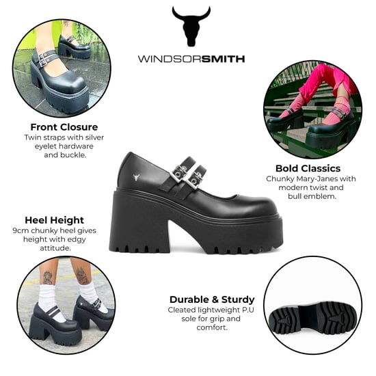 Windsorsmith Dames Zwarte Leren Mary-Jane Hak Schoenen met Dikke Plateauzool - Lessen - Image 2