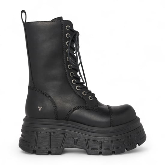 Windsorsmith Dames Zwarte Mid-Calf Biker Leren Platform Combat Boots - Screaming - Image 1