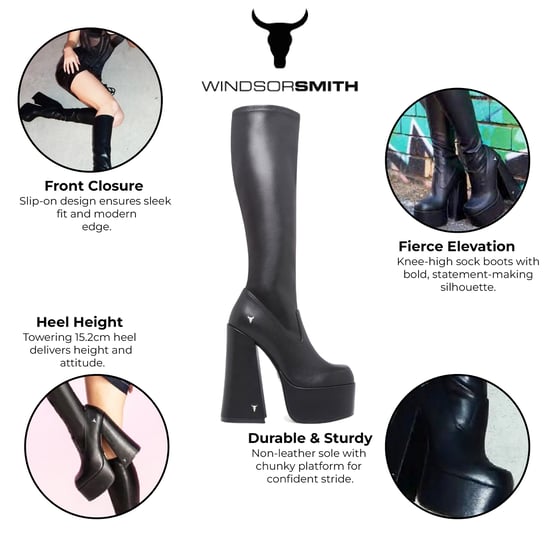 Windsorsmith Dames Zwarte Kniehoge Sokken Platform Goth Hak Laarzen - Survival - Image 2