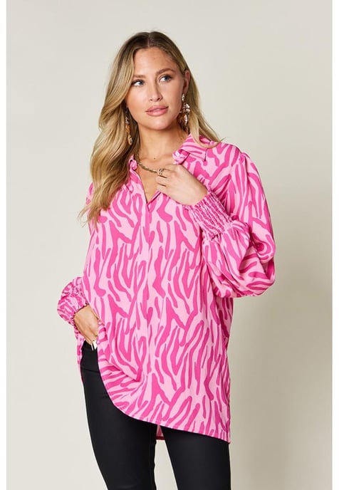 Dames Double Take Volledige Maat Gedrukt Geknoopte Blouse met Lange Mouwen - Image 1