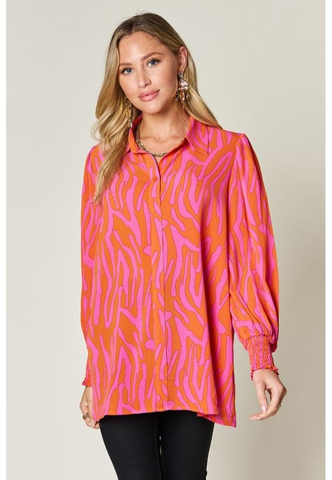 Dames Double Take Volledige Maat Gedrukt Smocked Lange Mouw Blouse - Image 1