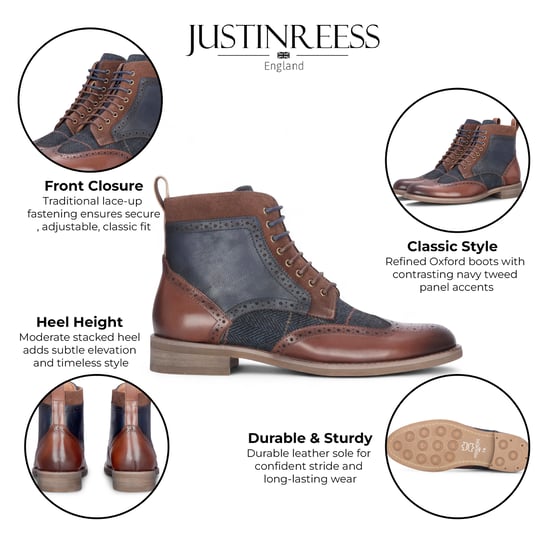 Justin Reess Heren Bruine Leren Marineblauwe Tweed Oxford Schoenen - Teddy - Image 2