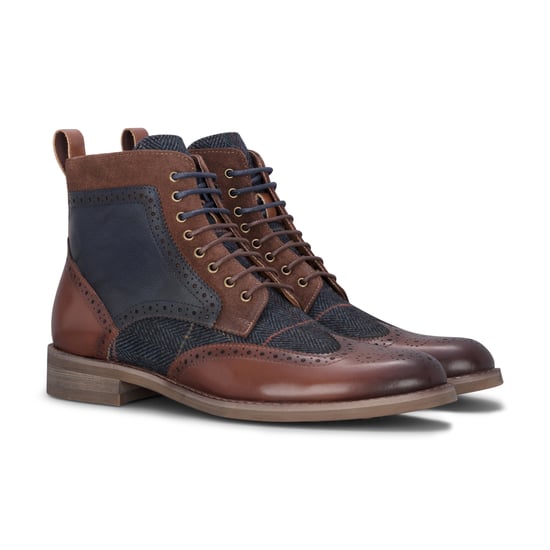 Justin Reess Heren Bruine Leren Marineblauwe Tweed Oxford Schoenen - Teddy - Image 3