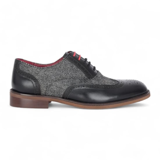 Justin Reess Heren Zwarte Leren Tweed Brogue Schoenen - Albert - Image 1