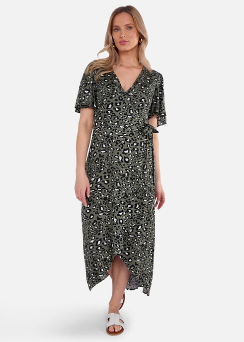 Khaki dierenprint viscose wikkel midi jurk - Image 1