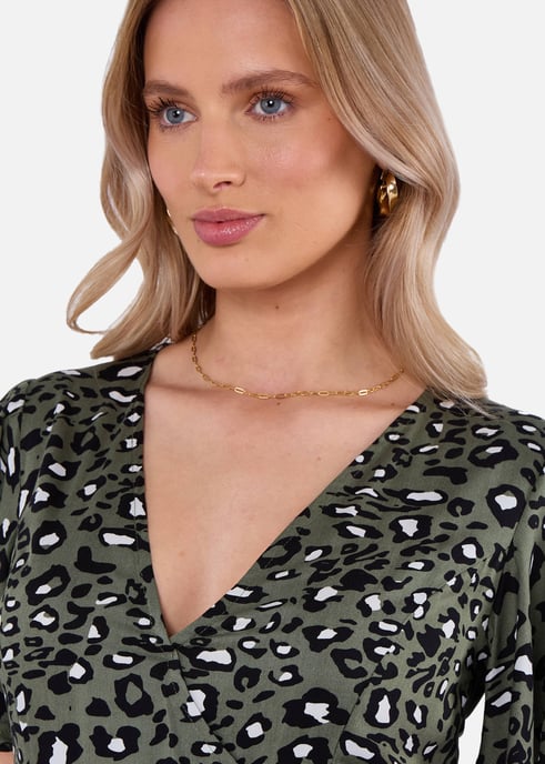 Khaki dierenprint viscose wikkel midi jurk - Image 2