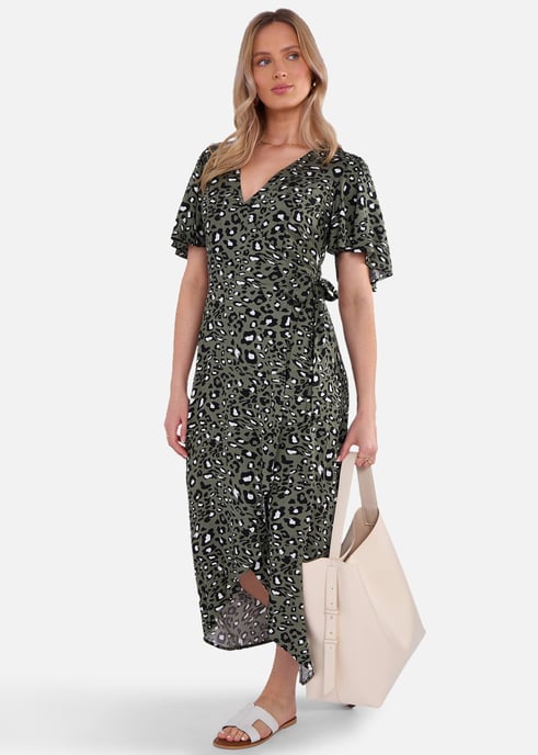 Khaki dierenprint viscose wikkel midi jurk - Image 3
