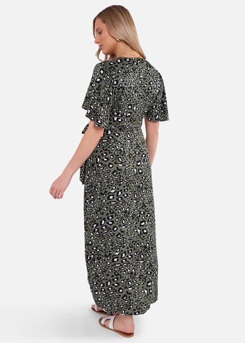 Khaki dierenprint viscose wikkel midi jurk - Image 4