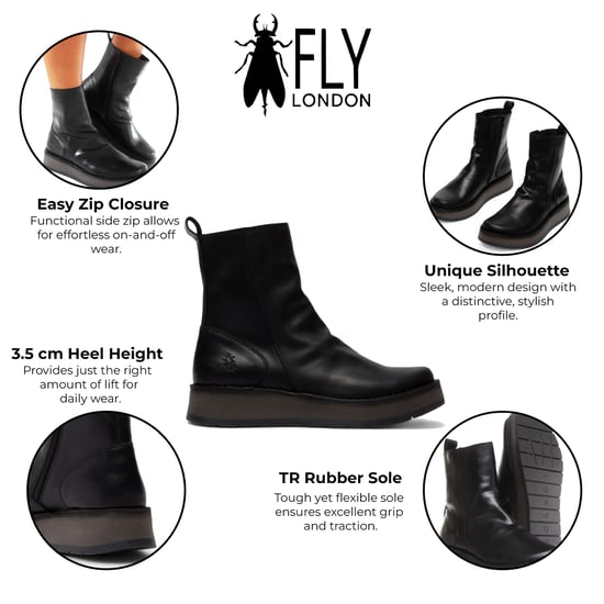 Fly London Dames Zwarte RENO053FLY Leren Enkellaarsjes met Rits en Platform Comfort - Image 2
