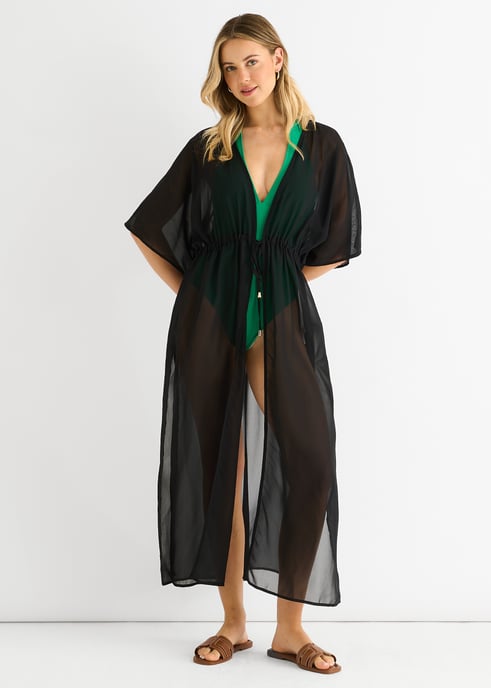 Zwarte, vloeiende, open strandkimono - Image 1