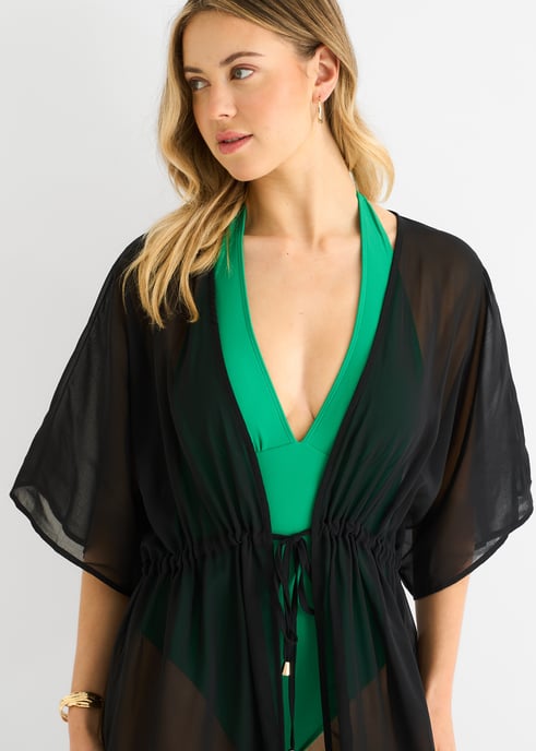 Zwarte, vloeiende, open strandkimono - Image 2