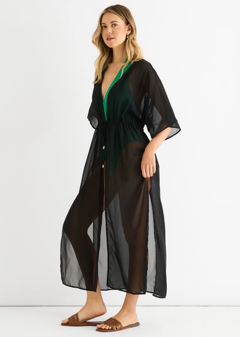 Zwarte, vloeiende, open strandkimono - Image 3