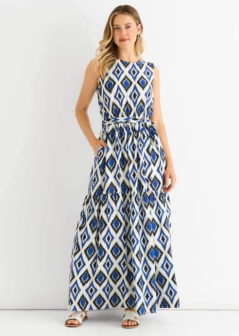 Blauwe midaxi jurk met geoprint en elastische taille - Image 1