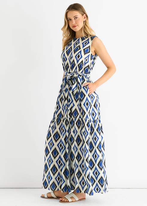 Blauwe midaxi jurk met geoprint en elastische taille - Image 3