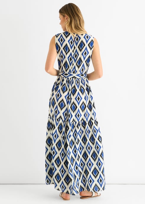 Blauwe midaxi jurk met geoprint en elastische taille - Image 4