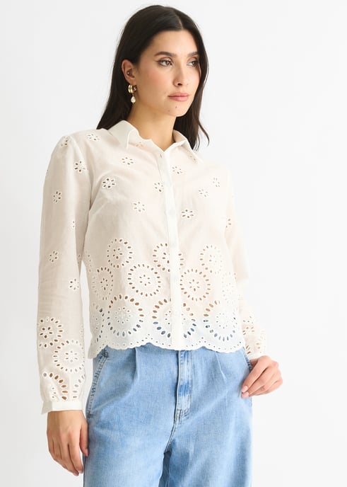 Wit Katoenen Broderie Schulp Boxy Shirt - Image 3