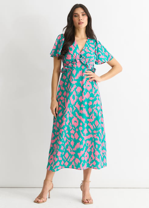 Groene dierenprint V-hals midi-jurk met ruches - Image 1