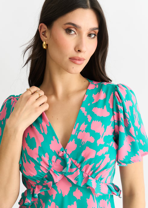 Groene dierenprint V-hals midi-jurk met ruches - Image 2