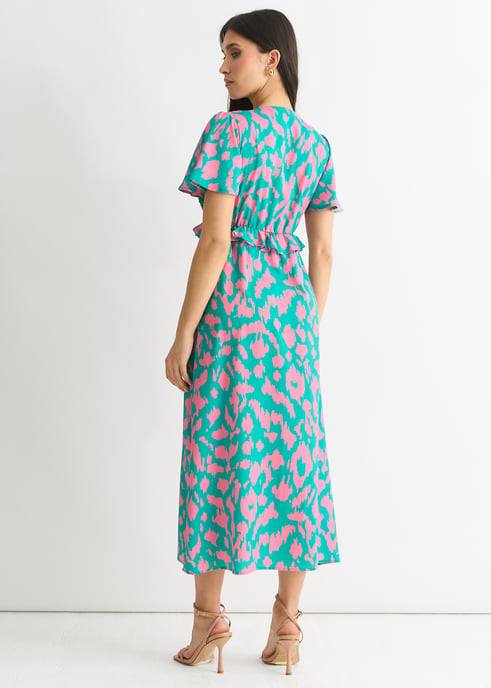 Groene dierenprint V-hals midi-jurk met ruches - Image 4