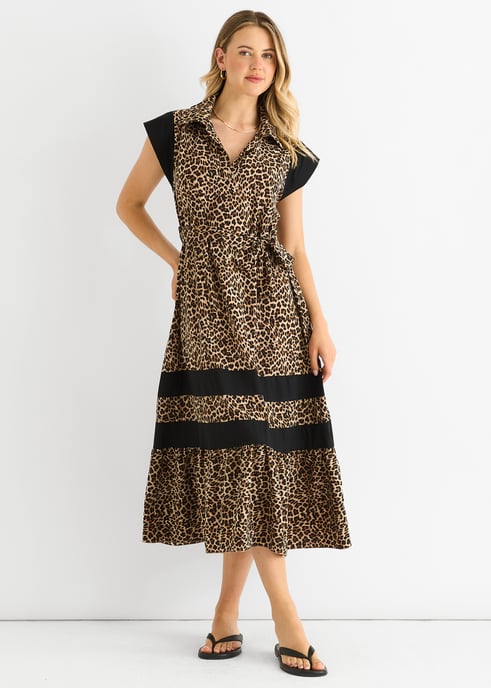 Bruine Animal Contrast Panel Smock Midi Dress - Image 1