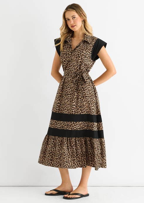 Bruine Animal Contrast Panel Smock Midi Dress - Image 3