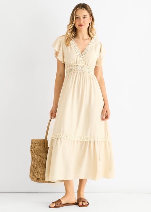 Beige Crochet Kanten Paneel Elastische Taille Midi Dress - Image 1