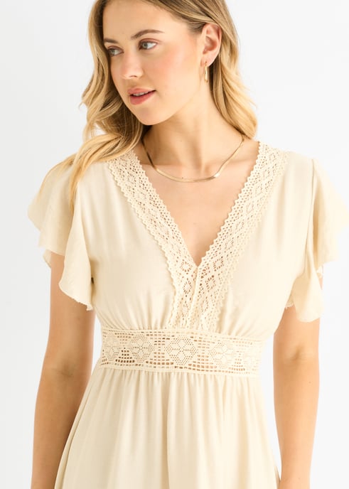 Beige Crochet Kanten Paneel Elastische Taille Midi Dress - Image 2