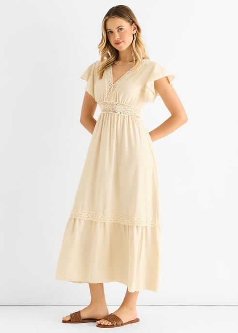 Beige Crochet Kanten Paneel Elastische Taille Midi Dress - Image 3