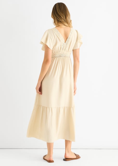 Beige Crochet Kanten Paneel Elastische Taille Midi Dress - Image 4