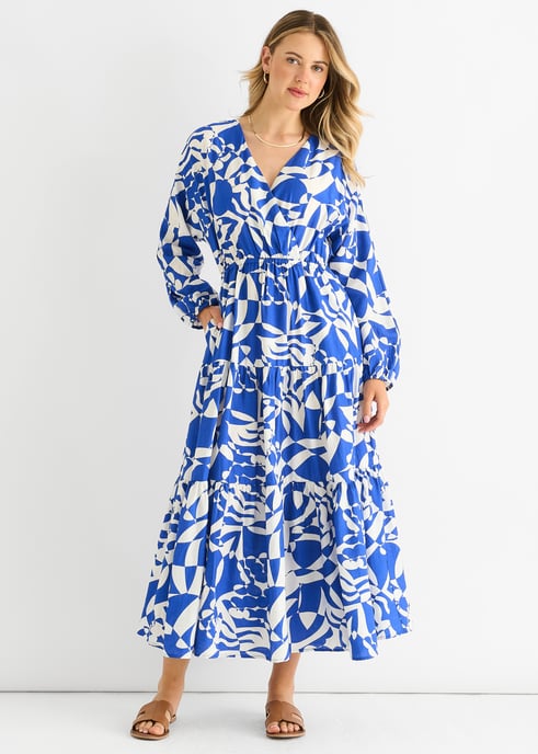 Blauwe Abstracte Wikkel Elastische Taille Midaxi Dress - Image 1