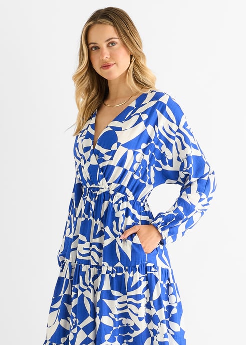 Blauwe Abstracte Wikkel Elastische Taille Midaxi Dress - Image 2