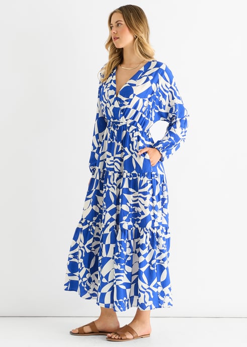 Blauwe Abstracte Wikkel Elastische Taille Midaxi Dress - Image 3