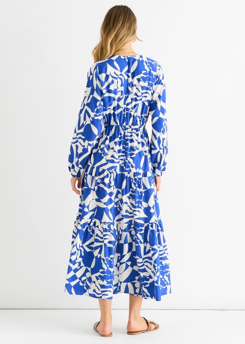 Blauwe Abstracte Wikkel Elastische Taille Midaxi Dress - Image 4