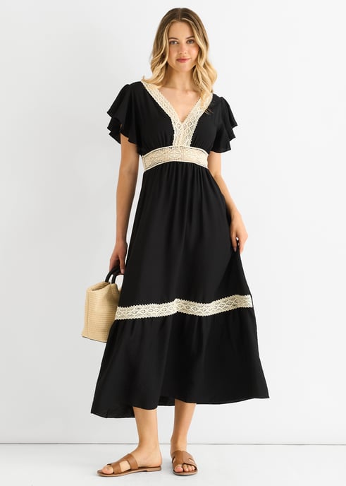 Beige Crochet Kanten Paneel Elastische Taille Midi Dress - Image 1