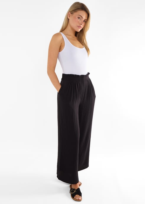 Zwarte wijde broek met paperbag taille - Image 3