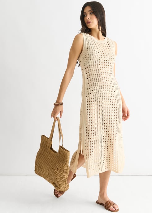 Beige gehaakte gebreide bodycon midi-jurk - Image 3