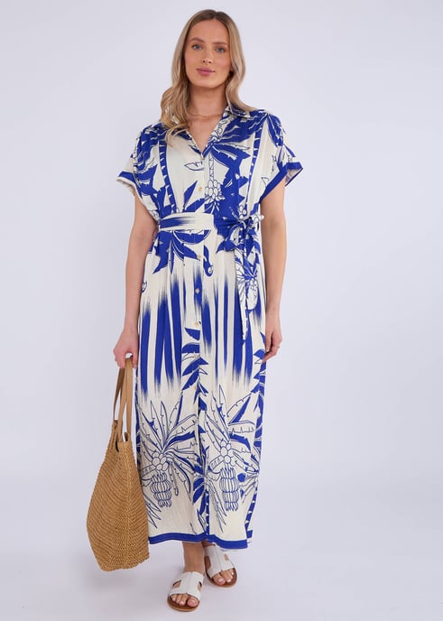 Blauwe Midi overhemdjurk met tropische print - Image 1