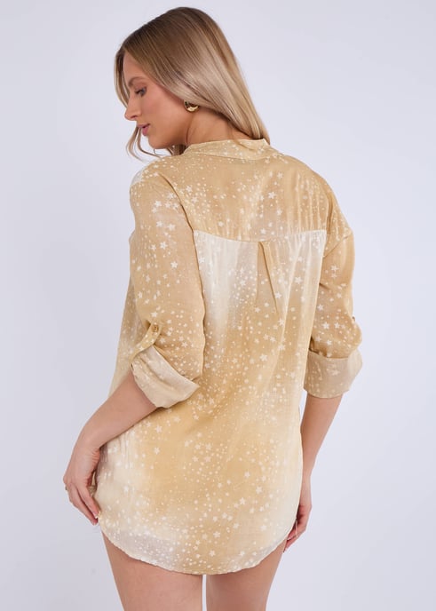 Beige denim look opgerolde mouwen oversized top - Image 4