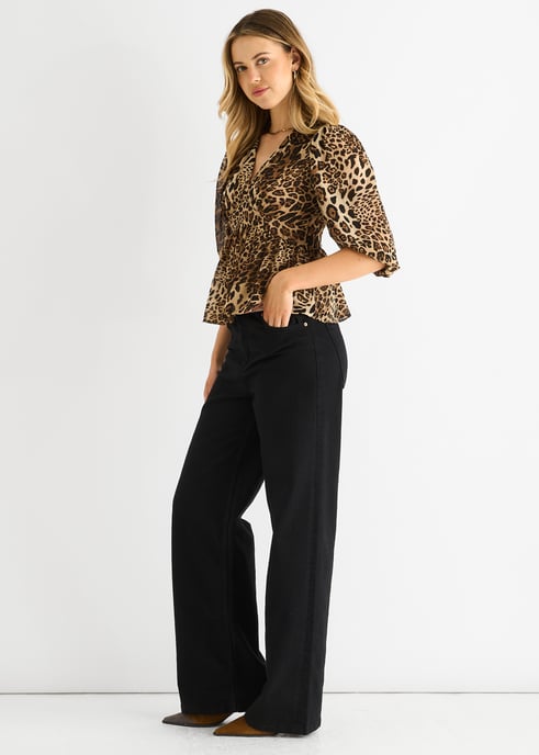 Bruine V-hals Peplum Blouse met dierenprint - Image 3